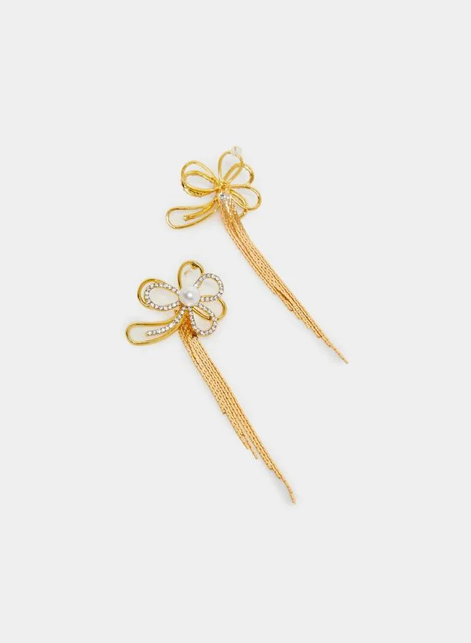 Styli Gold Floral Dangle Earrings with Pearl Detail